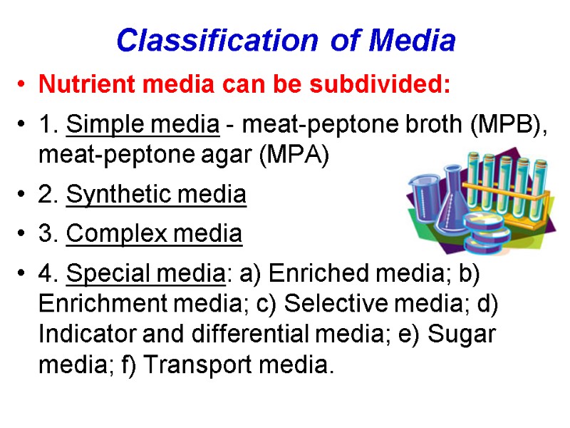 Classification of Media Nutrient media can be subdivided: 1. Simple media - meat-peptone broth